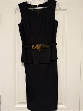 Alfani Black Sleeveless Peplum Midi Dress with Gold Buckle